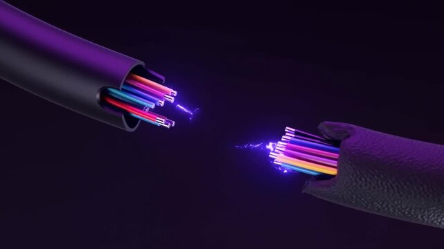 Exposed Multicolored Cable Ends Separating Amid a Bright Purple Electrical Spark