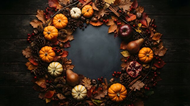 Decorative thanksgiving border made of autumn leaves and pumpkins on black background