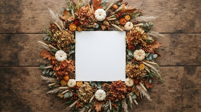 Beautiful autumn wreath forming a thanksgiving border on a rustic wooden background