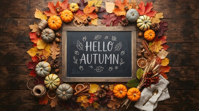 Rustic chalkboard sign with a colorful thanksgiving border of autumn pumpkins
