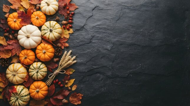 Festive thanksgiving border with colorful pumpkins and autumn leaves on black slate