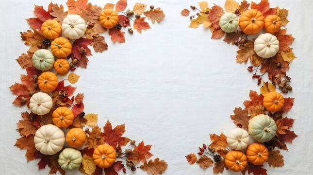 Decorative thanksgiving border made with colorful autumn leaves and small pumpkins
