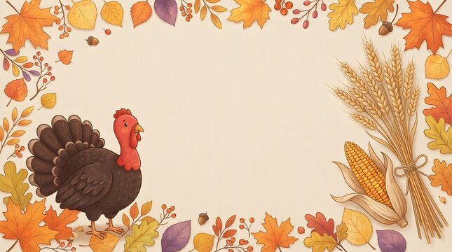 Festive watercolor thanksgiving border with turkey and autumn leaves for holiday invitations
