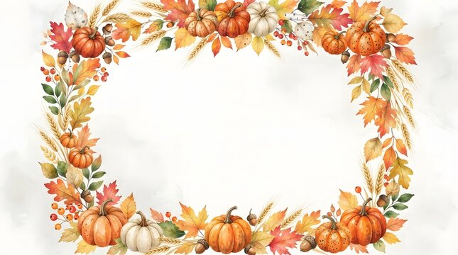 Beautiful watercolor autumn leaves and pumpkin thanksgiving border for seasonal greeting cards
