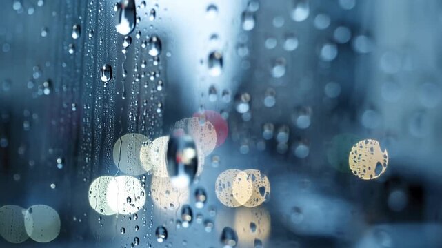 Rain droplets on glass with glowing bokeh lights in a cool blue nighttime setting
