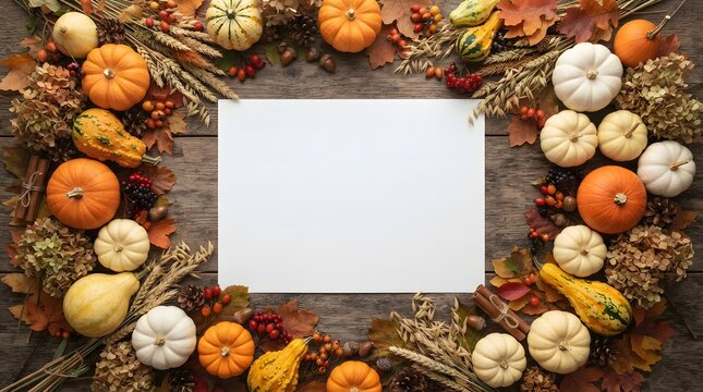 Rustic wooden background with a decorative thanksgiving border of seasonal pumpkins