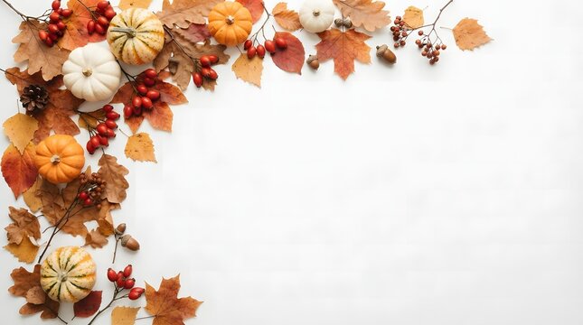 Beautiful decorative thanksgiving border made with autumn leaves and small pumpkins