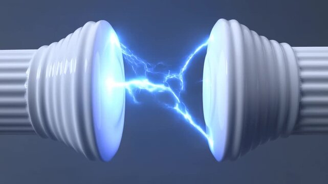 White Ribbed Electrical Insulators Discharge Blue Arcs Across a Dark Background