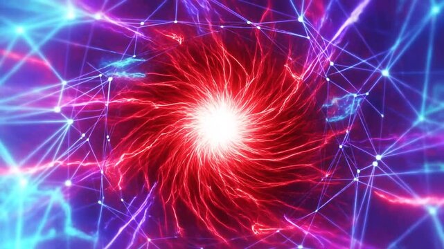 Glowing red energy vortex swirling through a luminous blue digital network