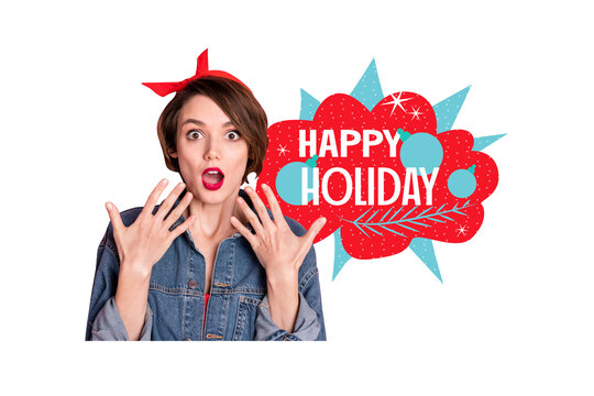 Creative collage picture young shocked astonished woman speechless stupor reaction happy holiday new year xmas congratulation postcard