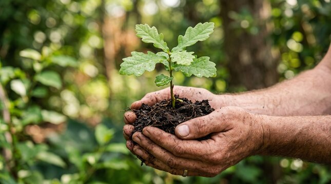 Small green oak sapling held carefully by weathered gardener hands isolated on transparent background