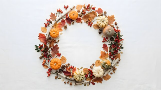 Decorative autumn wreath forming a beautiful thanksgiving border on white background