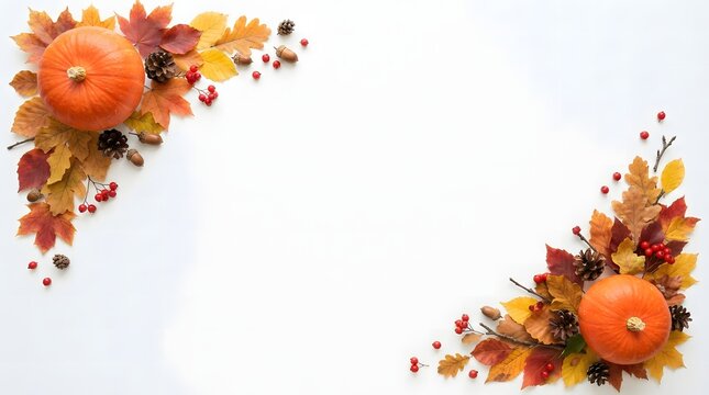 Decorative thanksgiving border with pumpkins and colorful autumn leaves on white background