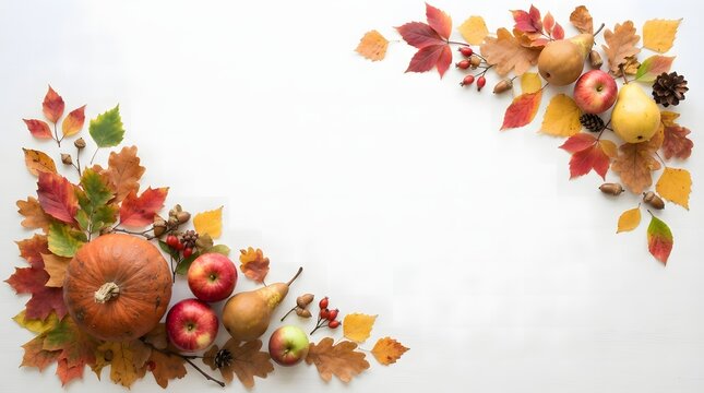 Beautiful decorative thanksgiving border featuring autumn leaves and seasonal harvest fruits