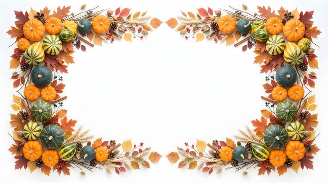 Decorative thanksgiving border made with colorful autumn pumpkins and fall leaves
