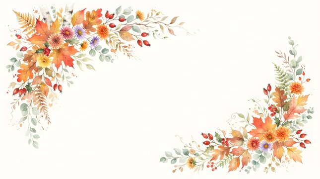 Beautiful watercolor floral thanksgiving border with autumn flowers and fall leaves
