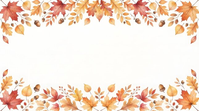 Decorative watercolor thanksgiving border with colorful autumn leaves on white background