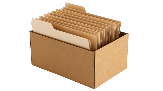 Cardboard archive box filled with beige paper file folders stands against a transparent background.