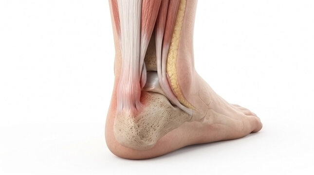 Anatomical view of the human achilles tendon and heel bone structures showing muscle and tissue layers with foot anatomy