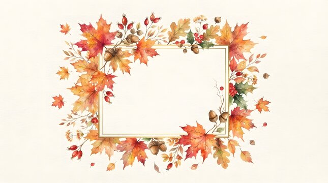 Beautiful watercolor autumn leaves thanksgiving border frame with copy space area
