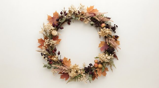 Beautiful decorative thanksgiving border wreath made of dried autumn leaves and flowers