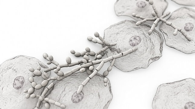 Microscopic structure of fungal hyphae growth on skin epithelial cells with fungal infection microscopic view dermatology