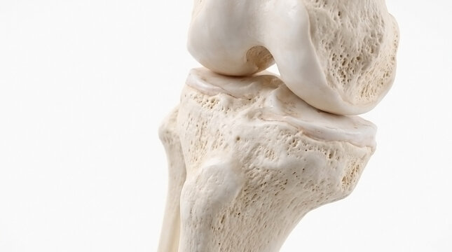 Anatomical model of a human knee joint against a white background with anatomy model skeletal system medical science education