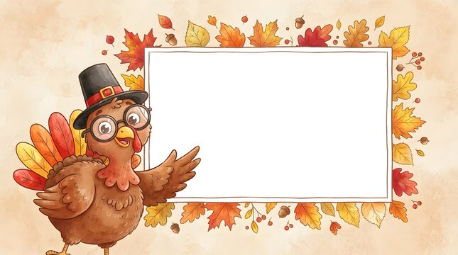 Festive thanksgiving border featuring a cute turkey illustration with autumn leaves