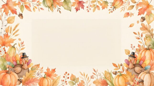 Beautiful watercolor thanksgiving border with pumpkins and autumn leaves for seasonal designs