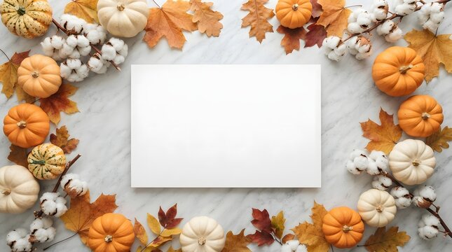 Blank paper sheet with a festive thanksgiving border of pumpkins and leaves