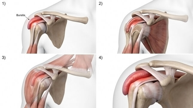 Medical illustration of shoulder joint anatomy showing different degrees of rotator cuff injury with orthopedic health