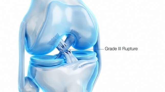 Anatomical medical model of the knee showing a grade ii ligament rupture with knee anatomy grade ii injury medical illustration