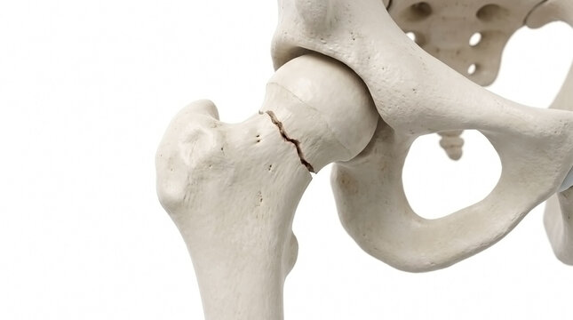 Detailed medical model of a human hip joint demonstrating a femoral neck fracture with anatomy model bone health fracture