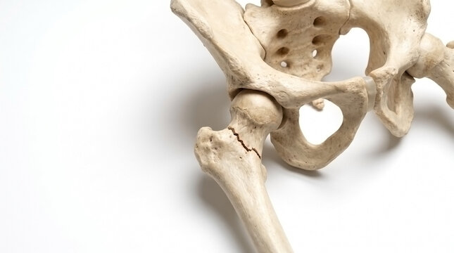 Close up view of a human hip skeletal model showing a femoral neck fracture with anatomy model bone health medical model