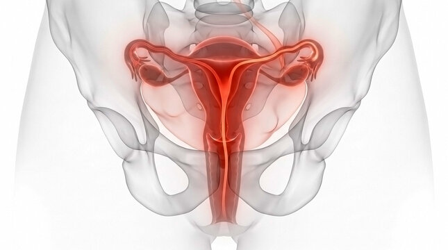 3D medical illustration showing the female reproductive organs within the pelvic cavity with human anatomy