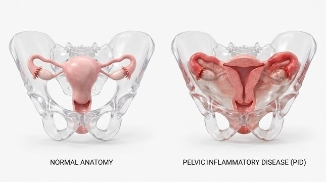 Comparative medical illustration between healthy female reproductive anatomy and pelvic inflammatory disease with normal anatomy