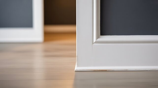 Close up of a white wooden baseboard molding installed on a wall with a dark gray surface and light wooden flooring in a modern home interior