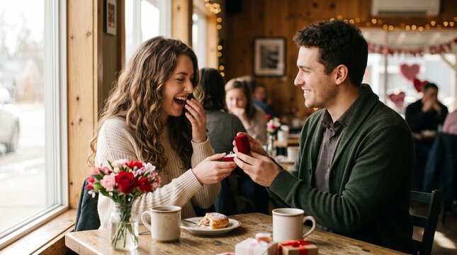 Happy young man proposing to his surprised girlfriend with a diamond ring on transparent background