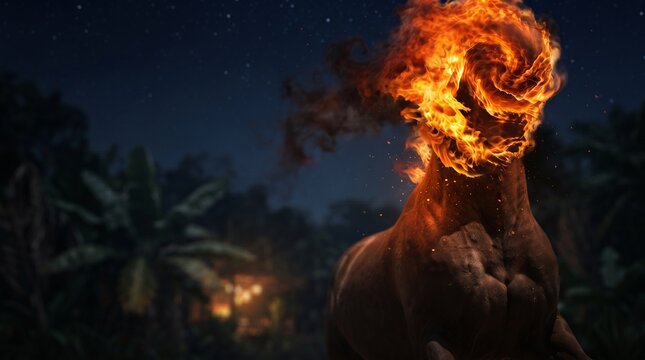 Folkloric Mula sem Cabe&ccedil;a, headless creature with blazing fire standing in the night