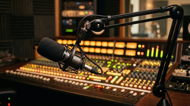 Broadcasting microphone in the foreground before a massive analog mixing console glowing with warm led buttons and sliders, studio bokeh