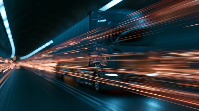 Futuristic truck speeding through illuminated tunnel with dynamic light trails, high speed transportation, advanced automotive technology, motion and innovation concept