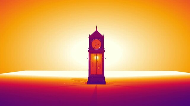 Silhouette grandfather clock standing against a glowing yellow and orange sunset background in a stylized 3D animation
