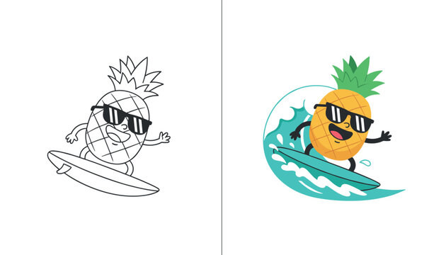 Cool pineapple character wearing black sunglasses rides a surfboard on a splashing ocean wave in this two-part graphic illustration.