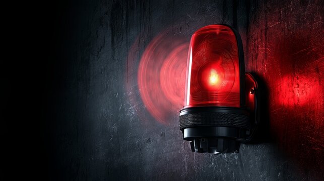 Wall mounted red warning light spinning and blinking with air raid siren, emergency alert signal for danger, evacuation, security, disaster response and public safety