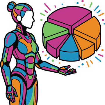 Robot Presenting a Pie Chart with Segmented Data. Modern Graphic Design for Business and Technology