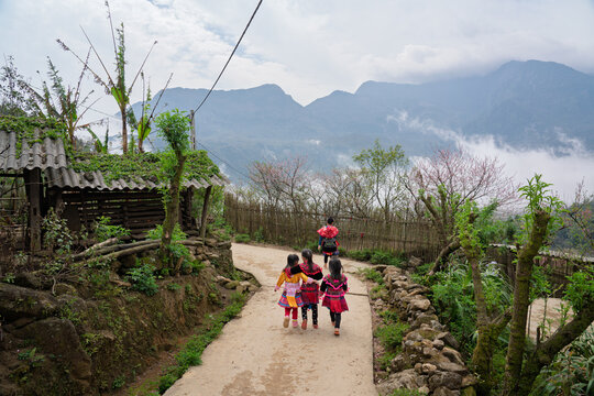 Ethnic Children Walking Through a Mountain Village in Lao Cai, Vietnam