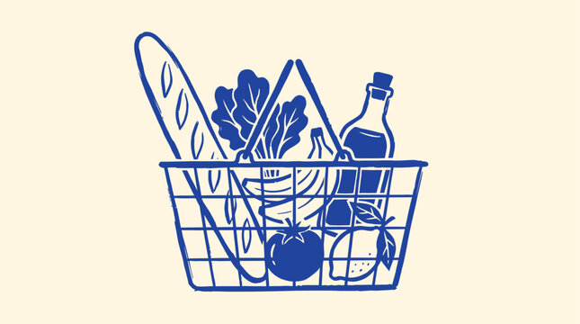 Blue ink illustration of a grocery basket filled with fresh food items like baguette, lettuce, bananas, tomato, lemon, and a bottle