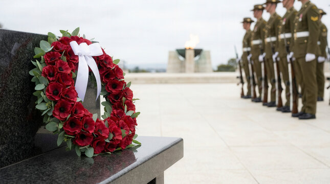 Poppy wreath on monument with soldiers at memorial ceremony, remembrance day and military honor