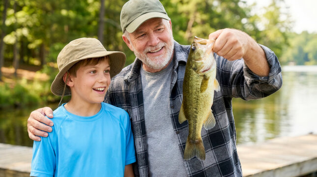 Happy grandfather and grandson holding caught fish by lake, family bonding and outdoor recreation
