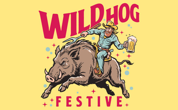 Wild hog festive vintage illustration. Retro western style artwork for t-shirt design.